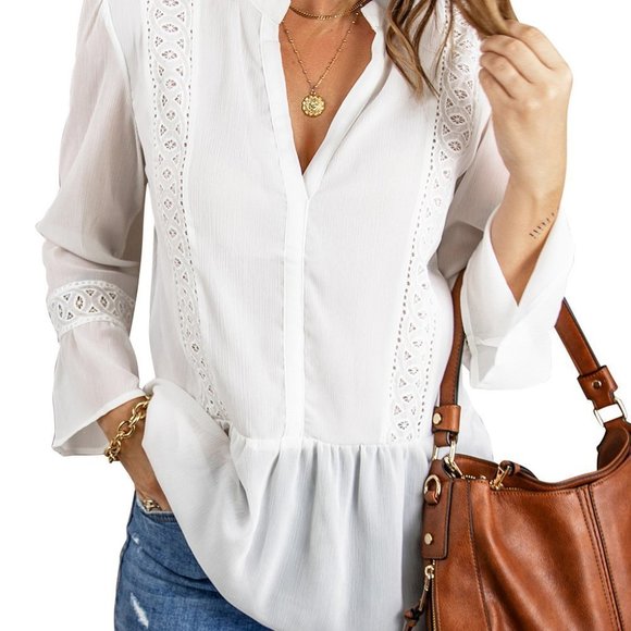 White Lace Ruffed Long Sleeve Blouse - Picture 4 of 6